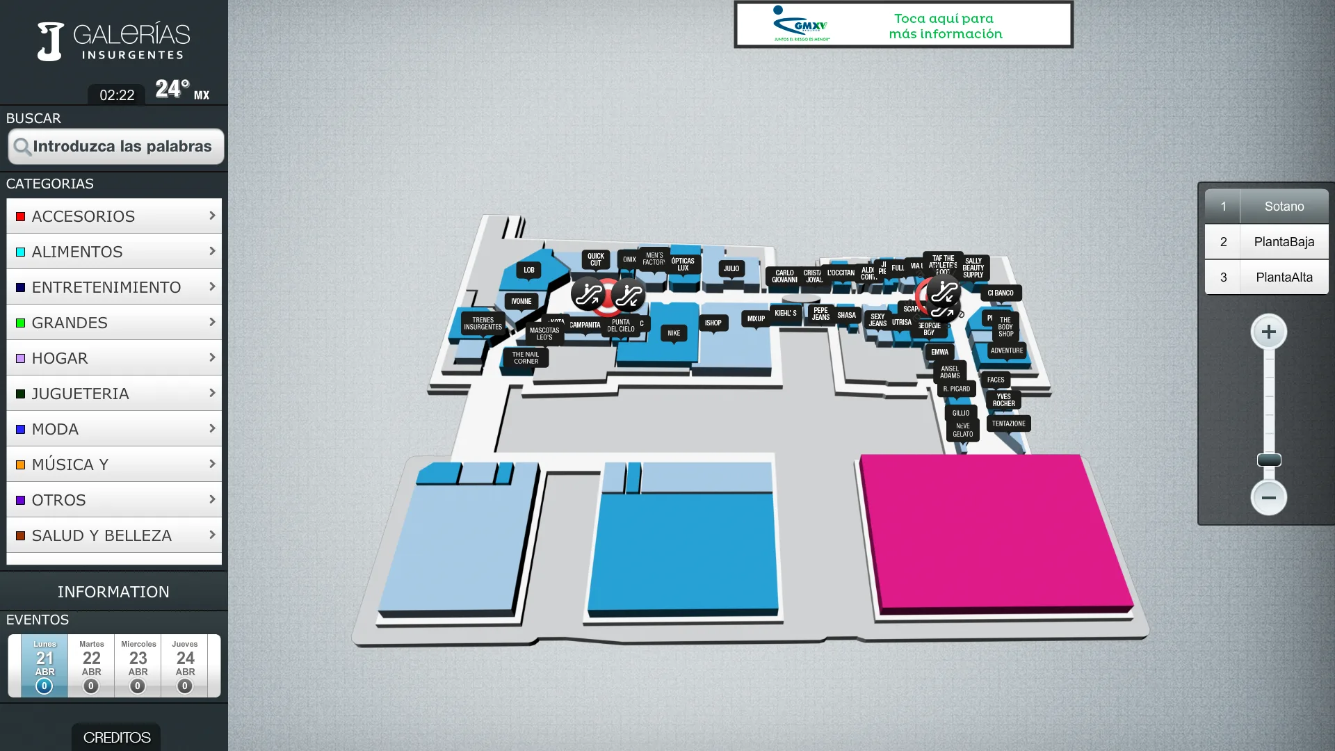 Ejemplo de directorio Faraway personalizado para Galerías Insurgentes con mapa 3D y navegación lateral.